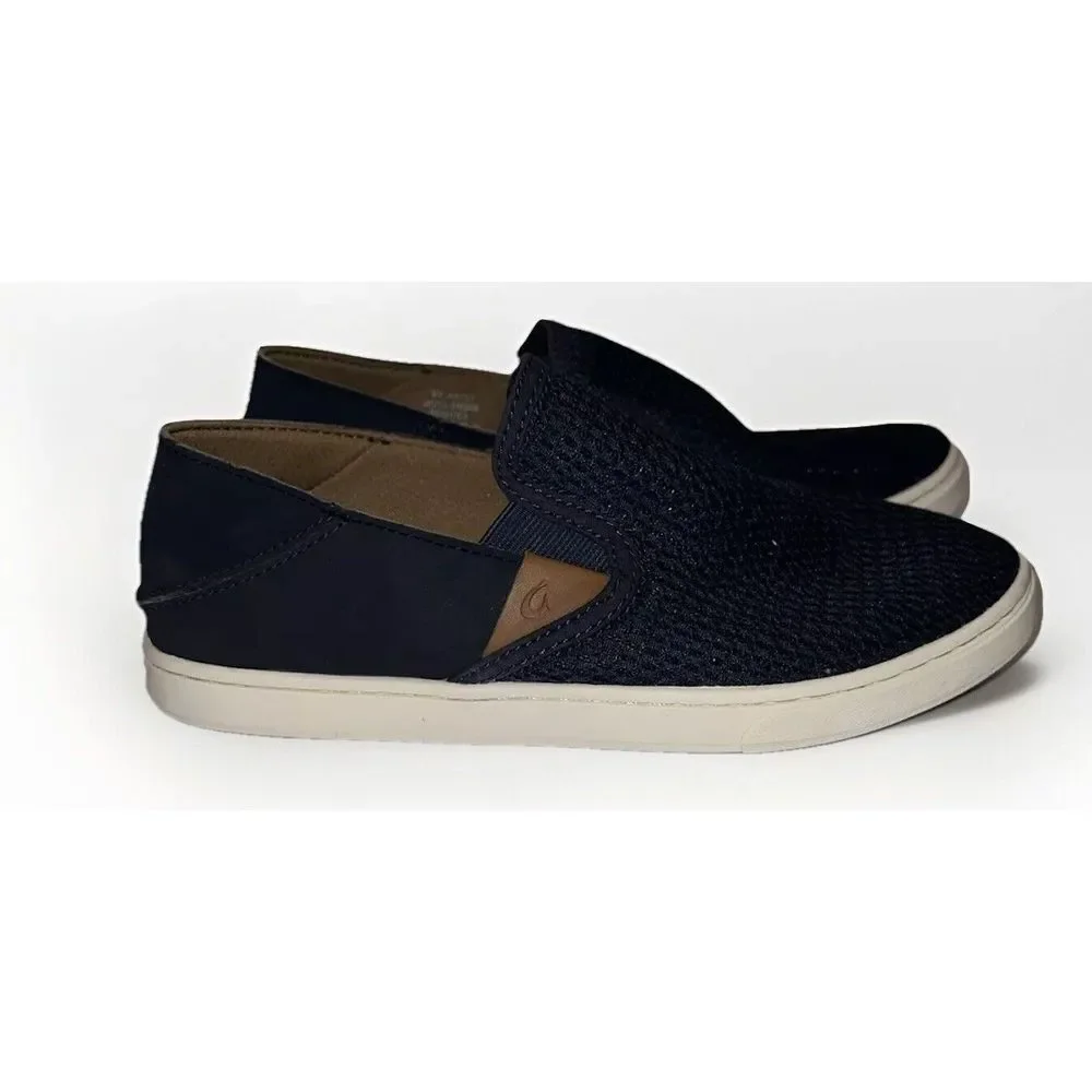 Olukai Pehuea‎ Womens Size 7W Shoes Blue Leather Comfort Slip On Sneakers Casual